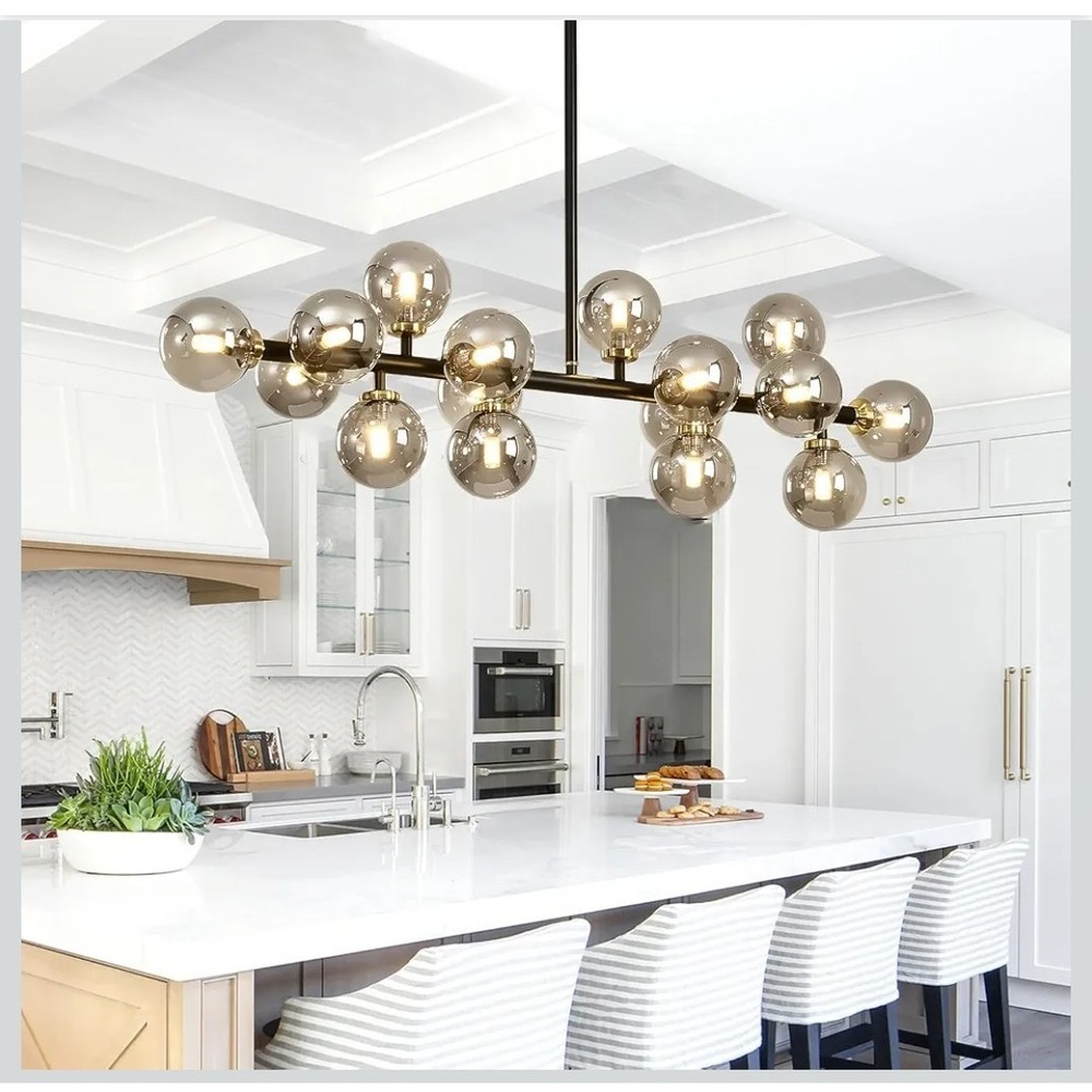 16-Light 39.4in Linear Sputnik Chandelier Smoke Gray Glass Globe Black Pendant